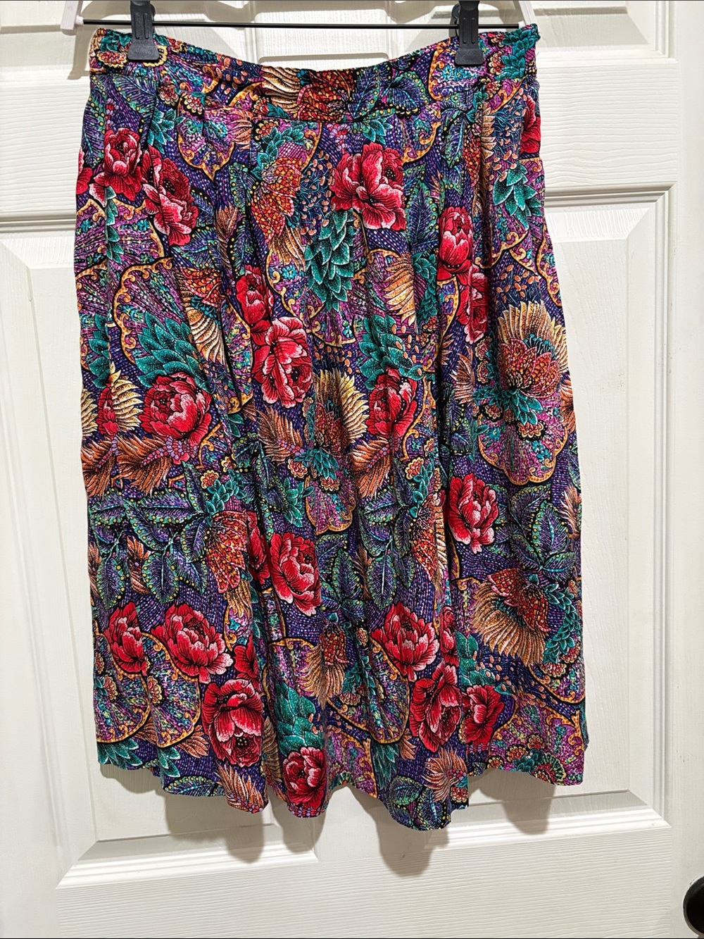 Vintage Rayon Floral A-Line Skirt in Red, Teal, Purple